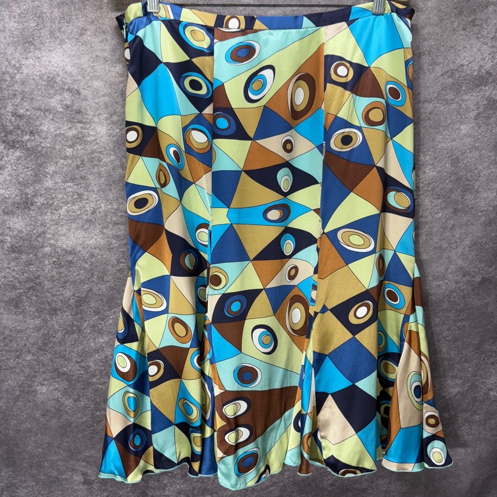 Y2K Bianca Nygard 100% Silk Occi Print Flared Midi Skirt Size 14 Geometric Retro
